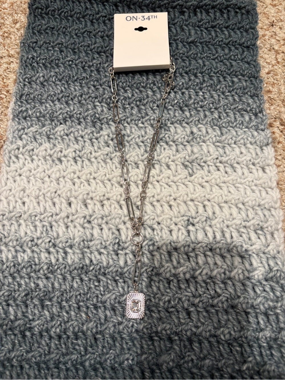 ON:34TH Silver Rectangular Crystal Pendant Necklace